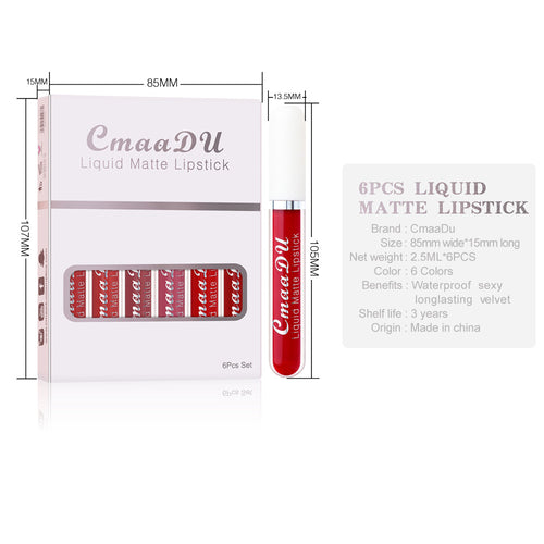 CmaaDU 6pc Of Matte Non-stick Cup Waterproof Lipstick Long Lasting Lip Gloss